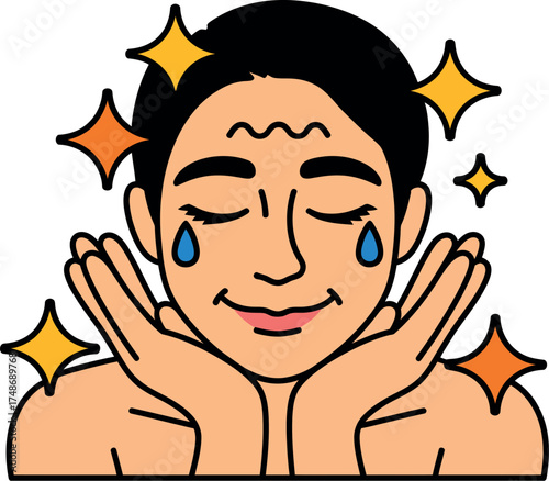 Vector art of a man is washing his face with water and soap