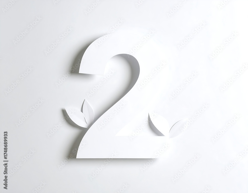 Fototapeta premium White number two with paper leaves