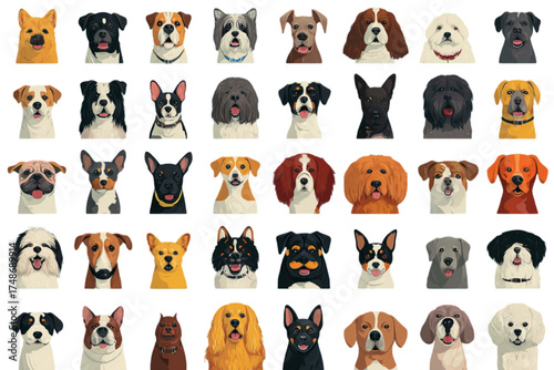 Large collection of various dog breed faces and portraits.