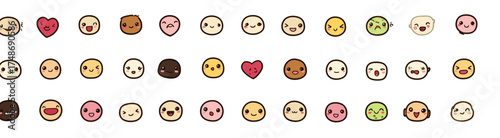 Cute kawaii style emoji and emoticon collection isolated on white.