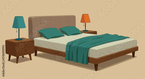 Mid-century modern bedroom interior with king-size bed, upholstered headboard, matching nightstands, and retro table lamps on a neutral background.