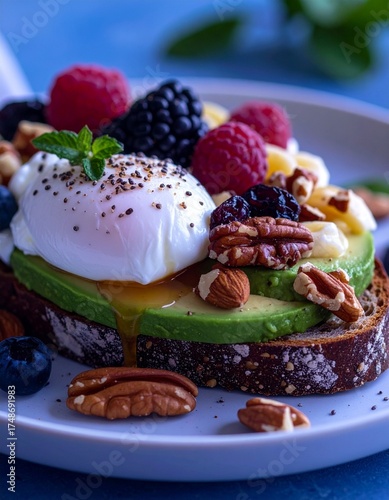 Healthy breakfast, avocado toast, poached eggs, whole-grain bread, seasonal fruits, Greek yogurt, nuts, nutritious morning meal, clean eating, wellness food, morning sunlight, vibrant brunch.