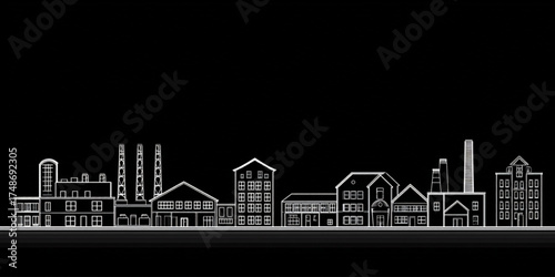 Industrial factory skyline white line art on black background.