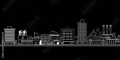 White line drawing of an urban cityscape with industrial factory buildings.