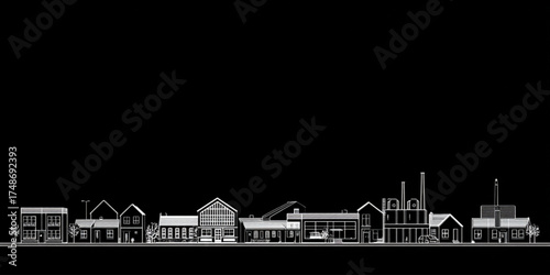 Monochrome architectural illustration of an industrial factory complex facade.