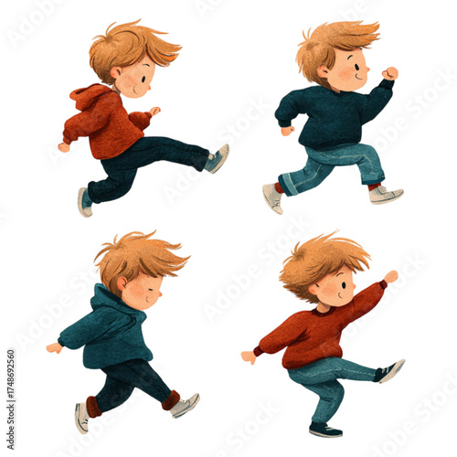 Collection of a cute redhead boy in dynamic action poses.