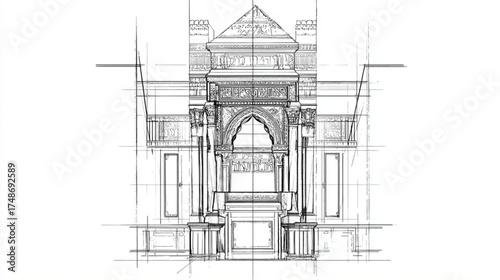 Architectural line drawing of a classical building facade with an archway.