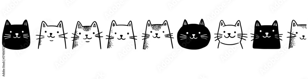 Fototapeta premium Cute hand drawn doodle cats in a row seamless border pattern Funny black and white cat faces vector illustration.