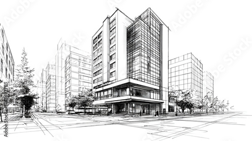 Architectural Sketch of a Modern Urban Corner Building.