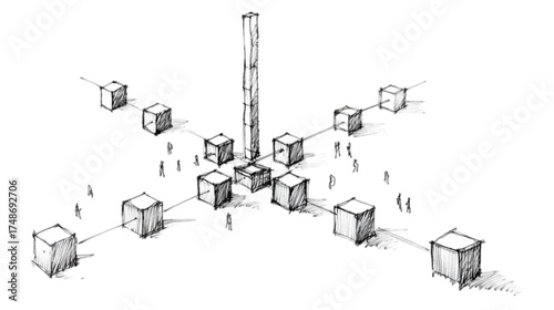 Hand Drawn Architectural Sketch of a Decentralized Urban Planning Concept.
