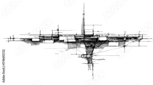 Abstract architectural ink sketch of a futuristic city structure.