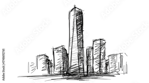 Hand drawn sketch of a modern city skyline with tall skyscrapers.
