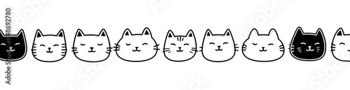 Cute cartoon cat faces in a seamless horizontal border illustration.