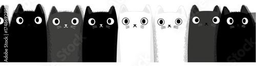 Black white and grey cartoon cats with big eyes in a long row.