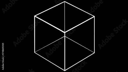 Minimalist white outline of a geometric wireframe cube.