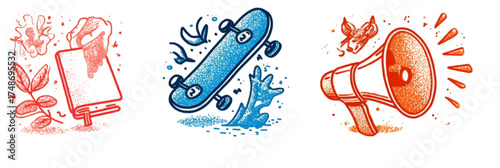 Set of three watercolor style illustrations with phone skateboard and megaphone.
