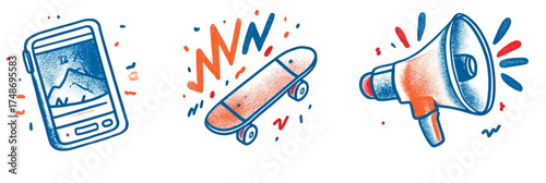 Set of colorful hand drawn icons smartphone skateboard and megaphone.