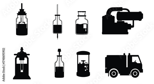 Black and white icons depicting laboratory equipment and a delivery vehicle