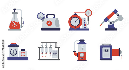 Illustrative set of industrial equipment and laboratory tools in flat design