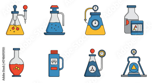 Collection of colorful vintage laboratory glassware and scientific equipment icons