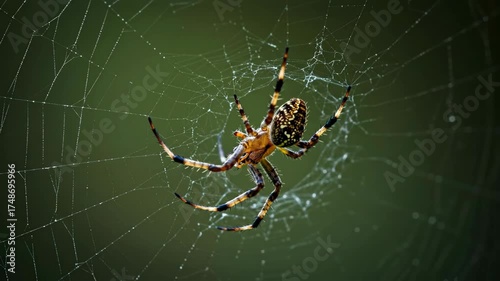 Garden spider on web showing intricate structure, nature and insect behavior footage.