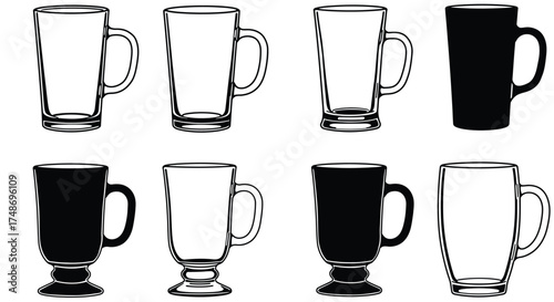 A collection of various empty glass and dark colored mugs and tumblers