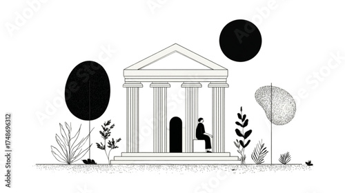 Minimalist line art of a person sitting at a classical building.