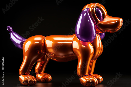 Colorful balloon dog sculpture in a studio setting, showcasing vibrant colors and playful design