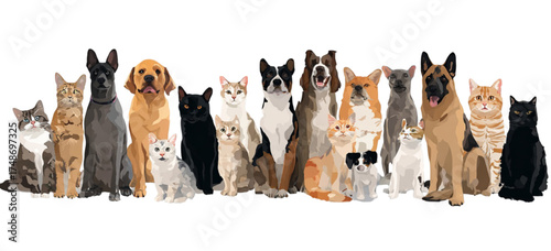 Large group of various cats and dogs sitting together in a row.