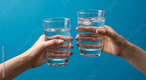 A clean shot of two hands holding ice water glasses on a blue background, perfect for health and wellness campaigns, hydration themes, and beverage product photography.
