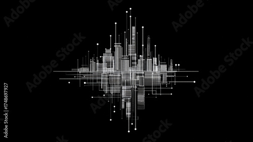 Abstract digital cityscape with glowing network connections on black background.