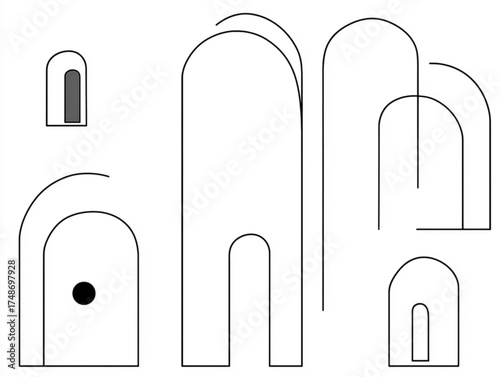 Set of abstract architectural elements with rounded arches.