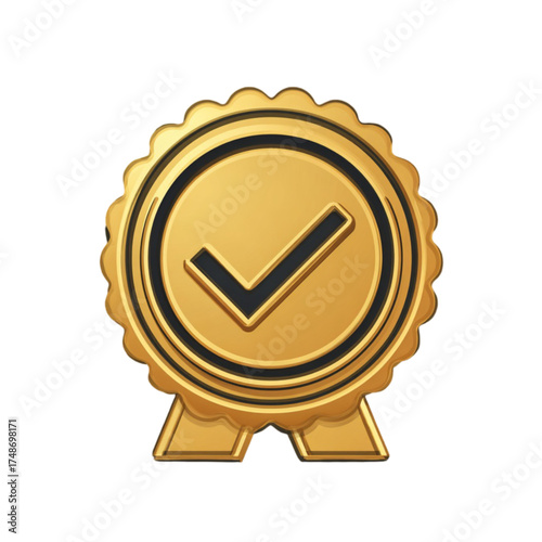 Golden quality seal with a black checkmark icon for certification.