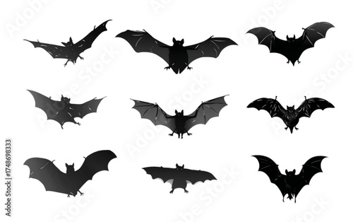 Set of nine black bat silhouettes in various flying poses.