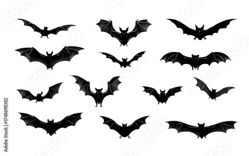 A collection of black flying bat silhouettes in various poses.