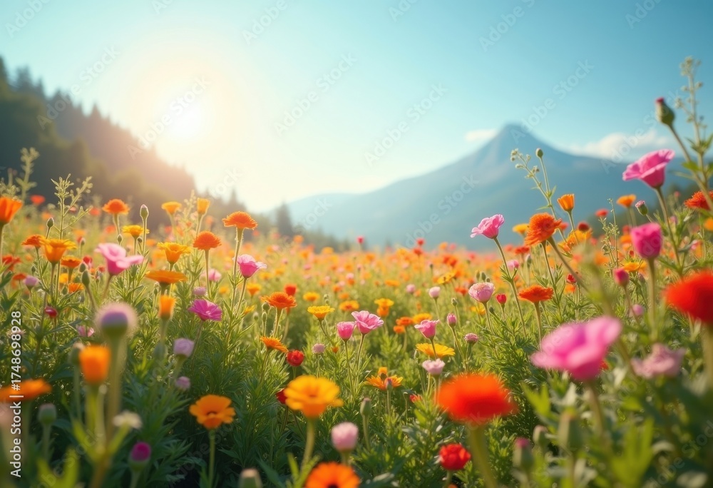 Obraz premium Vibrant Spring Wildflowers Meadow Colorful Bloom Nature Landscape Flora Color Explosion Sunshine