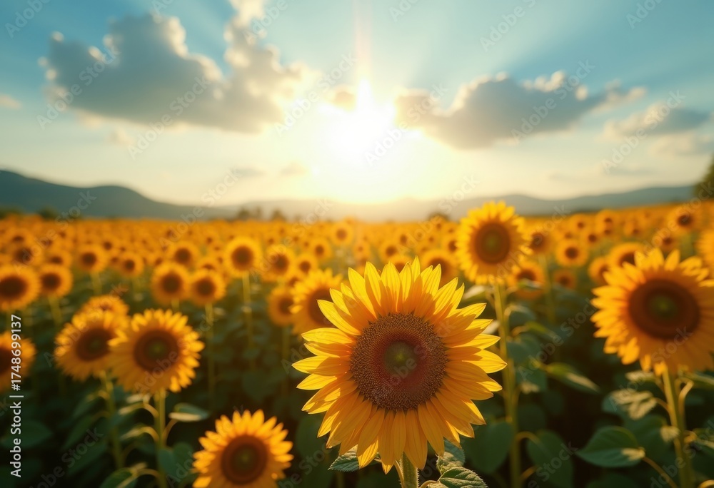 Obraz premium Vibrant Summer Sunflower Field Radiating Golden Light Under a Brilliant Blue Sky