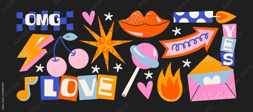 Fototapeta premium Doodle y2k patches, labels, tags, stickers, bracelet stamps in retro. Cartoon stickers in funky hipster groovy grunge 90s style. Vector set, trendy promo labels 