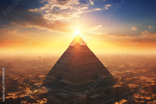 Majestic Pyramid at Sunrise Over a Bustling Cityscape with Warm Golden Light
