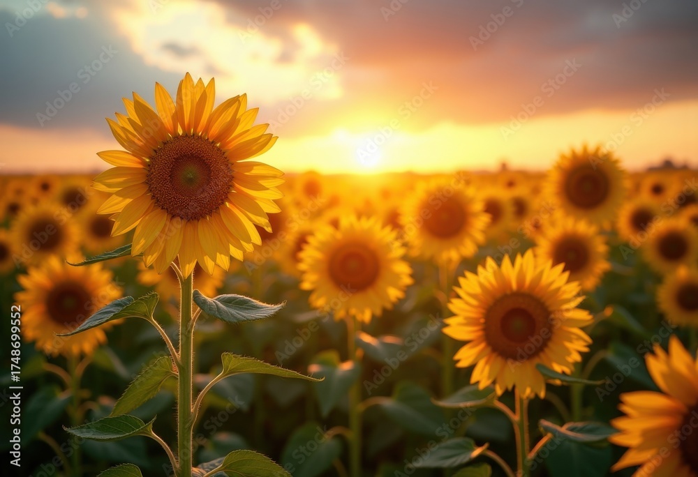 Fototapeta premium Vibrant Sunflower Field Bathed in Golden Light with Dynamic Skies and Lush Green Hues Capturing Nature's Essence