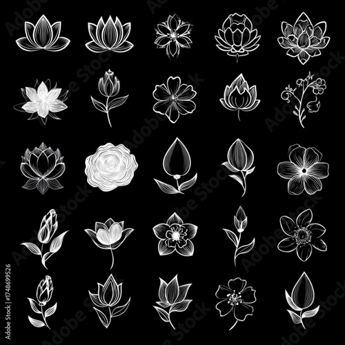 Collection of glowing white line art flower illustrations.