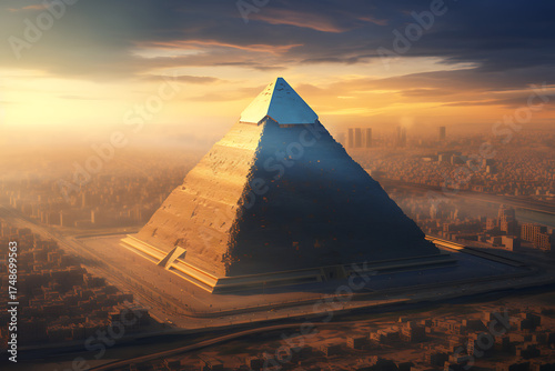 Majestic Pyramid at Sunset Overlooking a Vibrant Cityscape with Golden Hues in the Sky