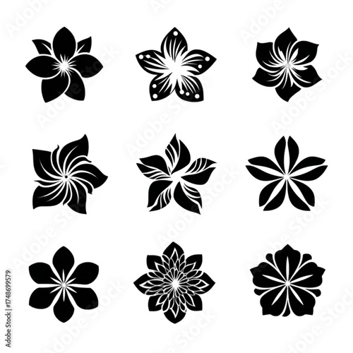 Collection of nine black and white stylized flower icons.