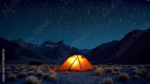 Twilight Adventure: Tent Amid Mountains and Stars