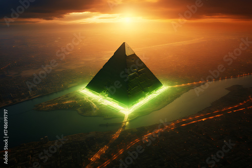 Aerial view of a glowing pyramid at sunset over a city, with vibrant colors and a river