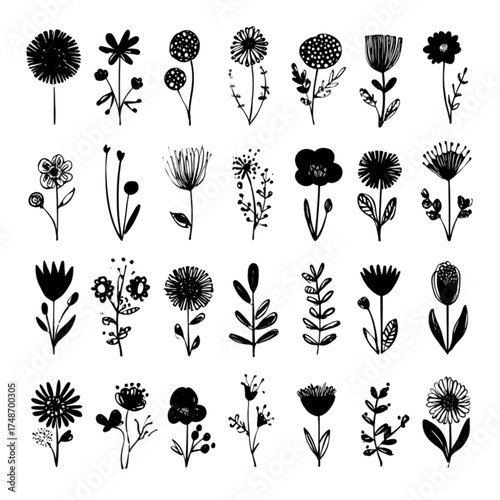 Hand drawn collection of black and white doodle style flowers.
