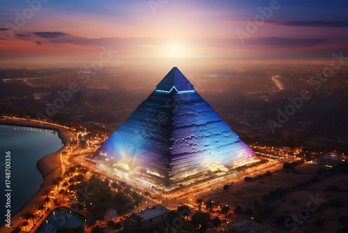 Majestic pyramid illuminated at sunset, overlooking a vibrant cityscape and serene waterway