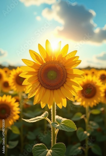 Vibrant Sunflower Field in Full Bloom Under Summer Sunshine with Blissful Blue Sky