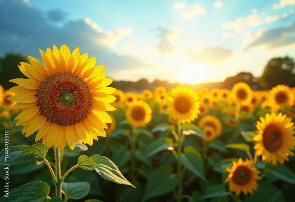 Fototapeta premium Vibrant Sunflower Field Swaying in Gentle Breeze Under Clear Blue Sky