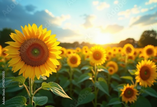 Vibrant Sunflower Field Swaying in Gentle Breeze Under Clear Blue Sky